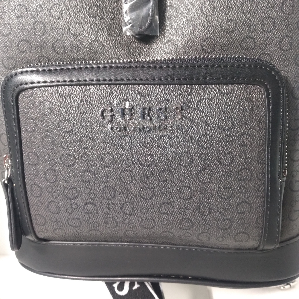 GUESS Black & Grey Monogram Faux Leather Backpack - Picture 3 of 14